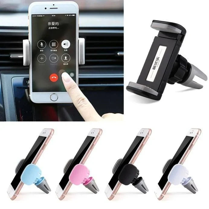 Universal car phone holder with black adjustable vent clamp and phone cradle