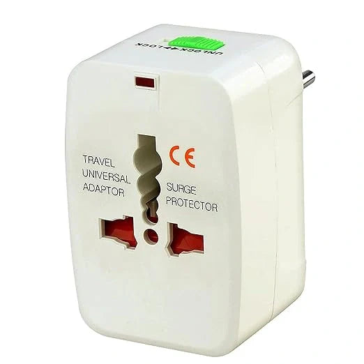 Universal travel adapter with two-pin outlets and surge protector, white