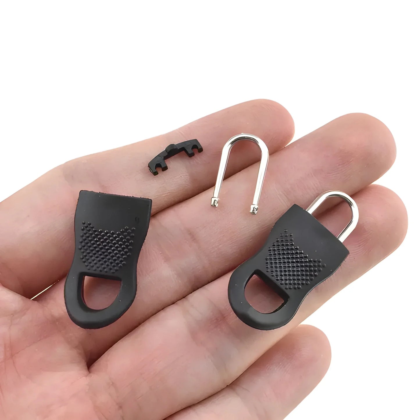 Universal zipper repair tabs with metal loops, black rubber, 2-pack