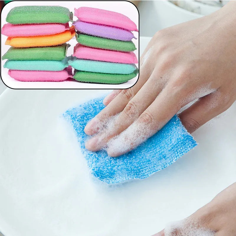 Utensil scrubber pad in hand, blue cleaning pad with stacked multicolor pads