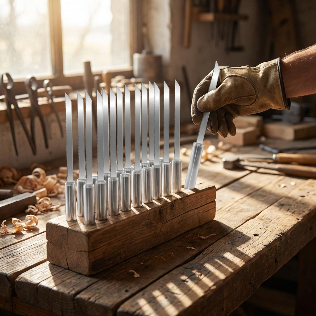 Utility knife set with 12 blades in a wooden block holder