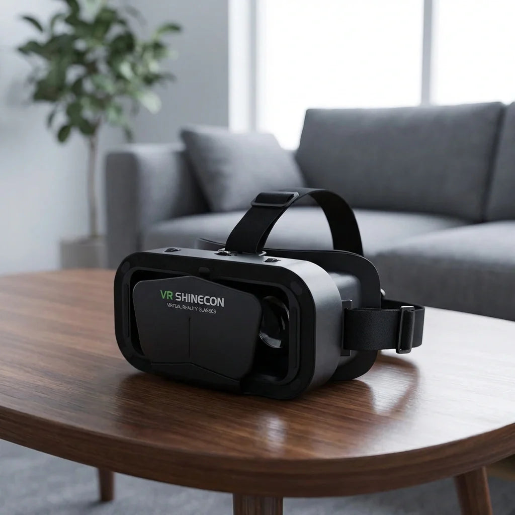VR headset with head strap and front display lens, SHINECON branding