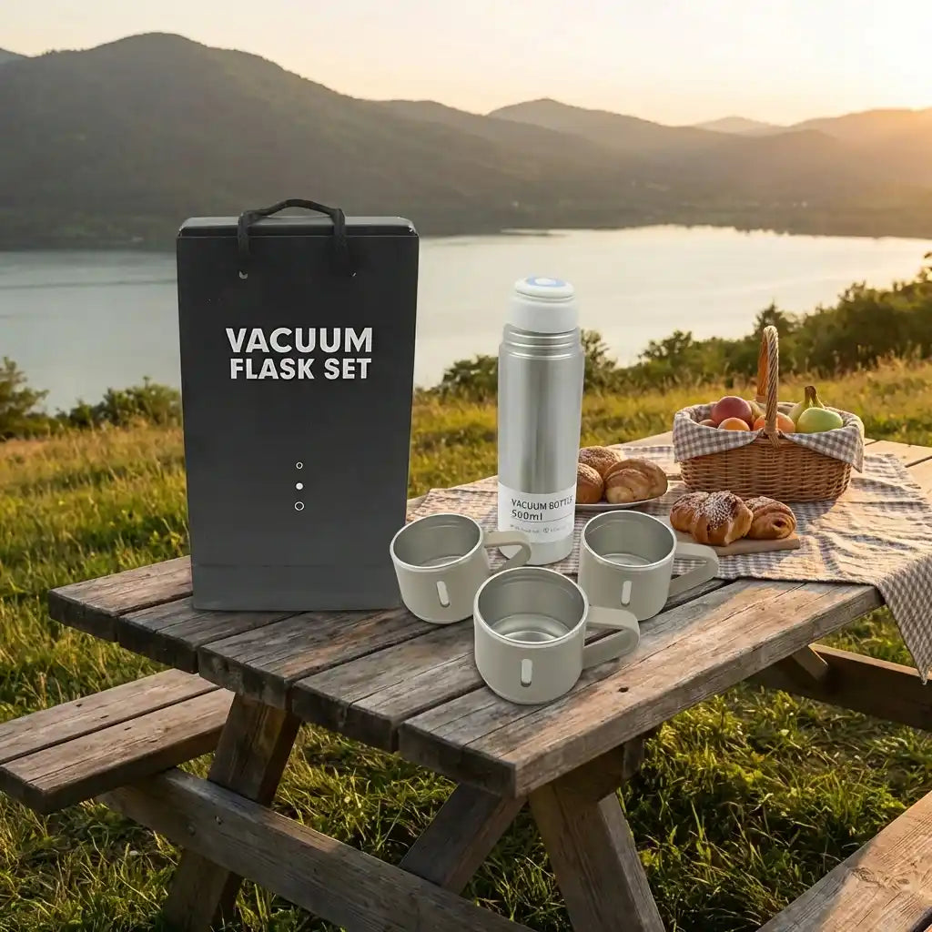 Vacuum steel flask set with insulated bottle, cups, and black carry box