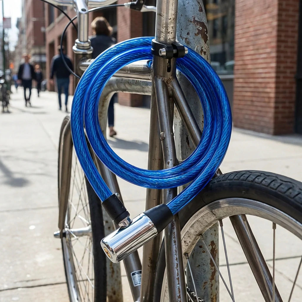 Blue PVC-coated bicycle cable lock with black key housing