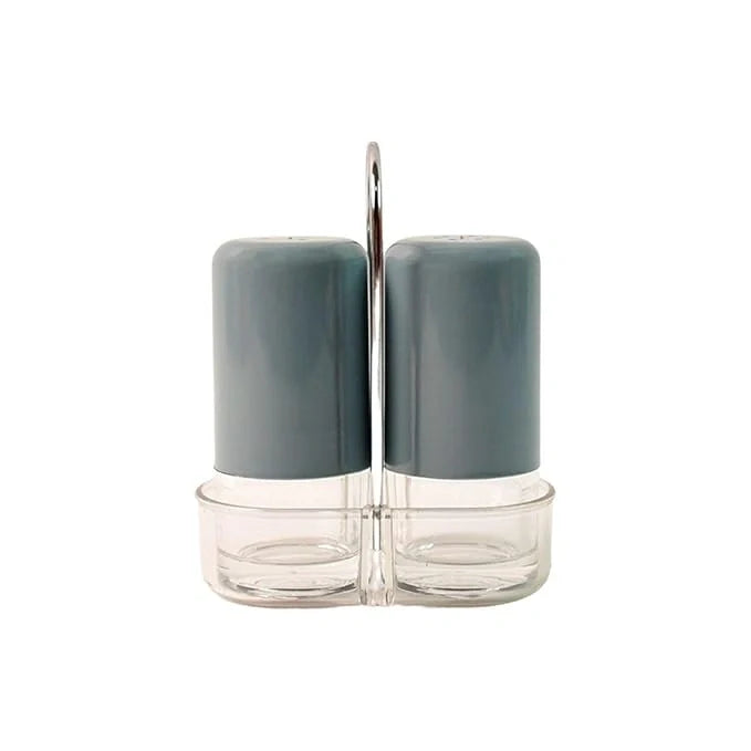 Salt and pepper shaker set with two glass bodies and dark gray/blue cylinder lids