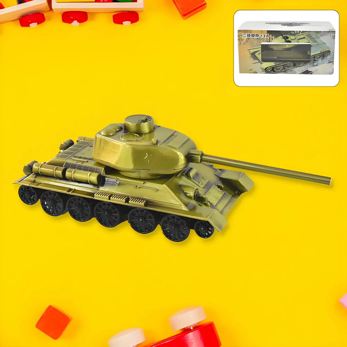Vintage iron tank model with long barrel and tracks, olive green finish