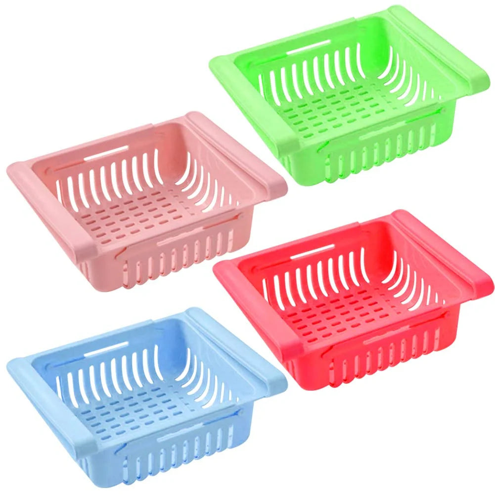 Pack of 4 adjustable fridge trays, green pink red blue, with vented basket design