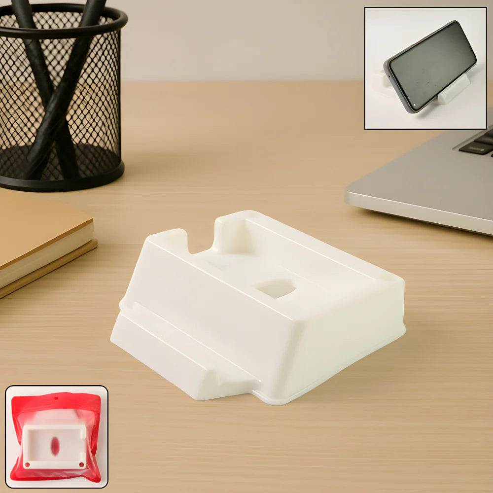 Wall-mounted phone organizer, white plastic holder with phone slot