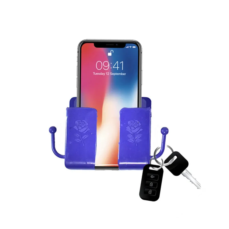 Wall-mounted plastic phone holder with two side hooks