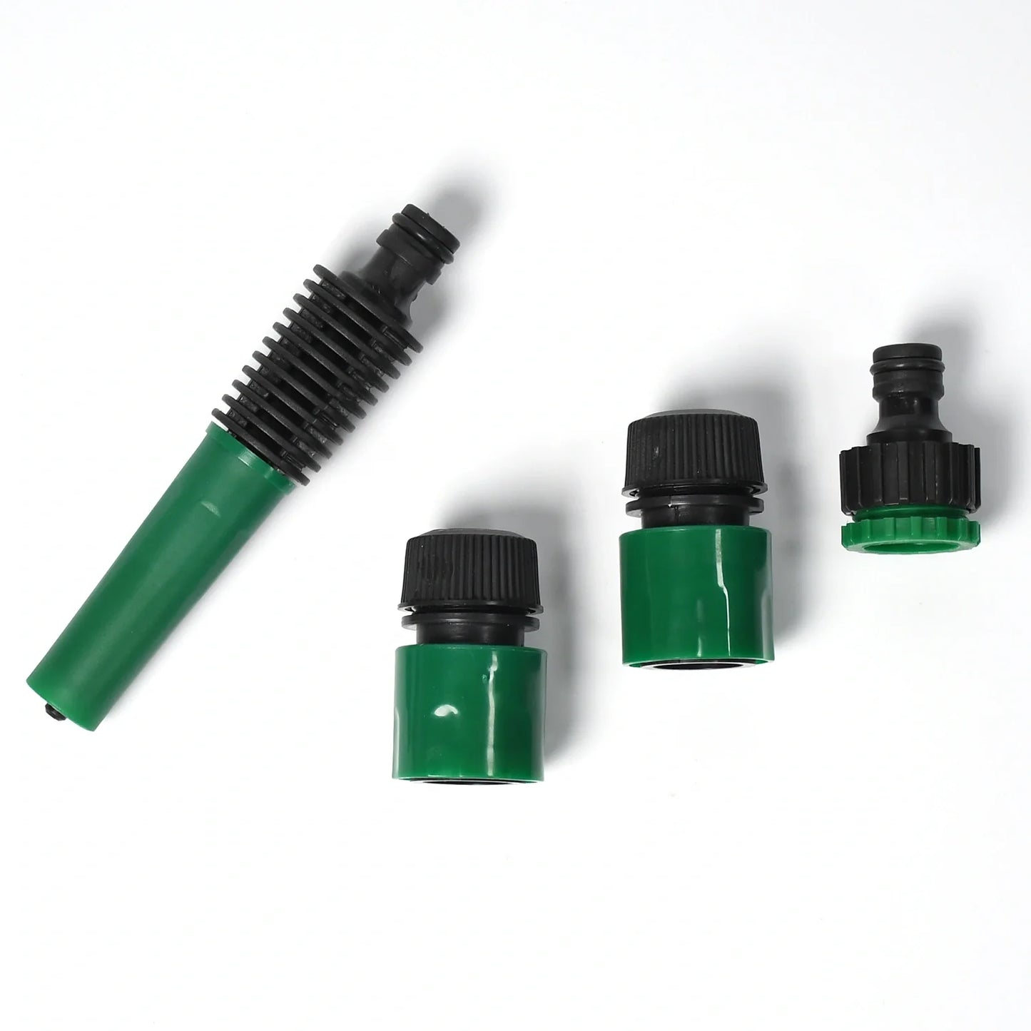 Green water hose connector set with black threaded couplings