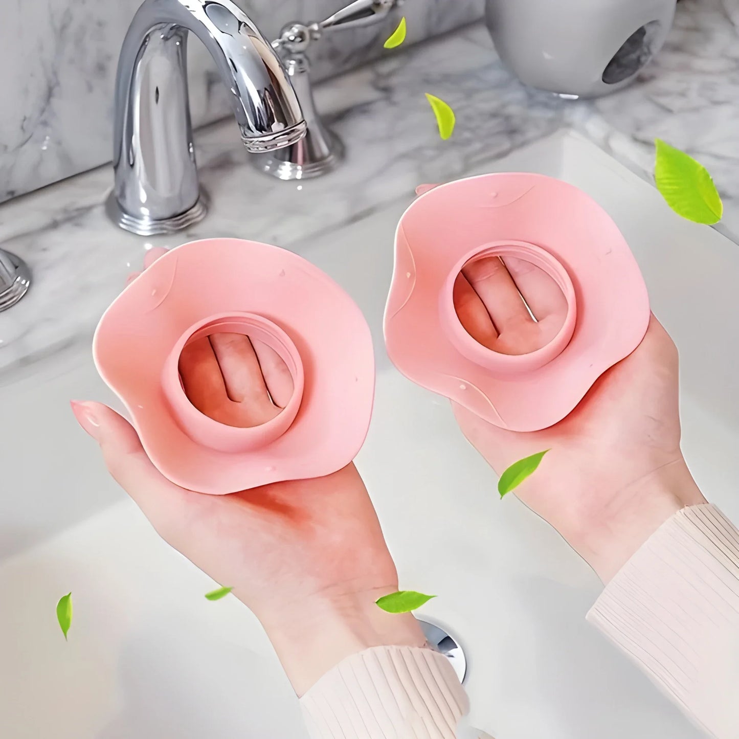 Pink waterproof face-washing wristbands with flower-shaped cuffs, set of two