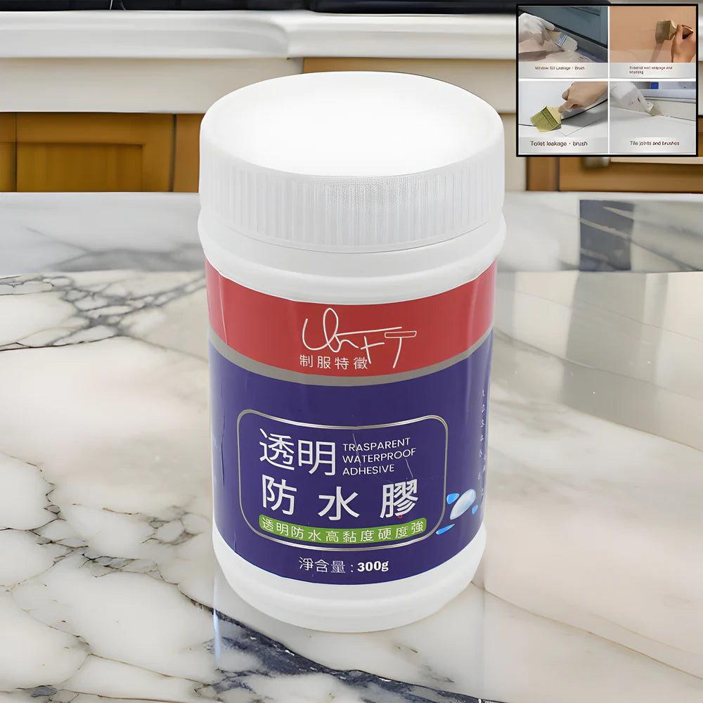 Waterproof sealant gel bottle with white cap, red and purple label
