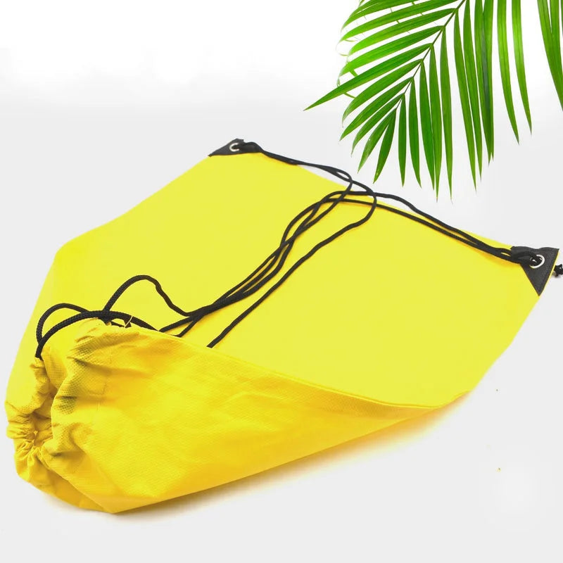 Waterproof sports sackpack bag, yellow waterproof fabric with black drawstring cords
