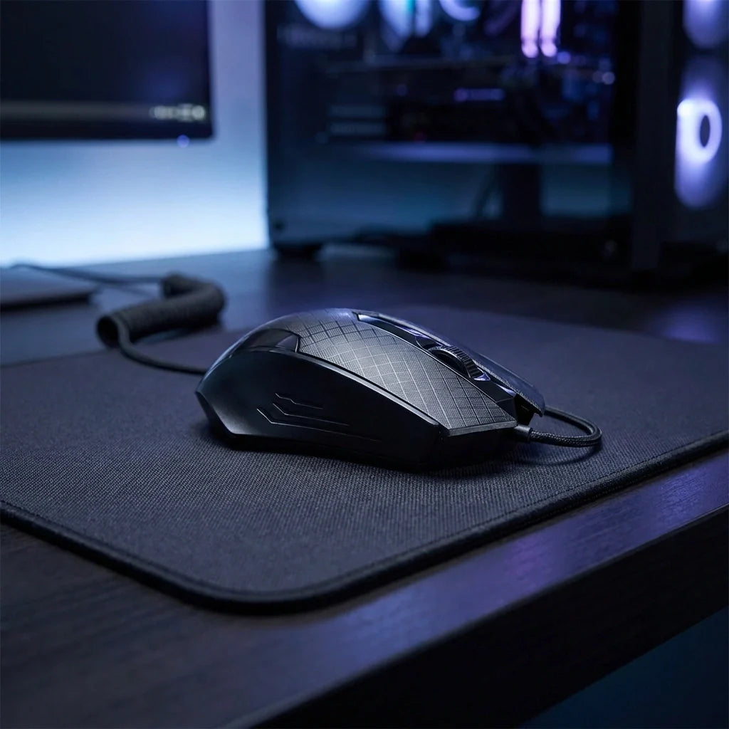 Dark wired optical USB computer mouse with textured side and scroll wheel