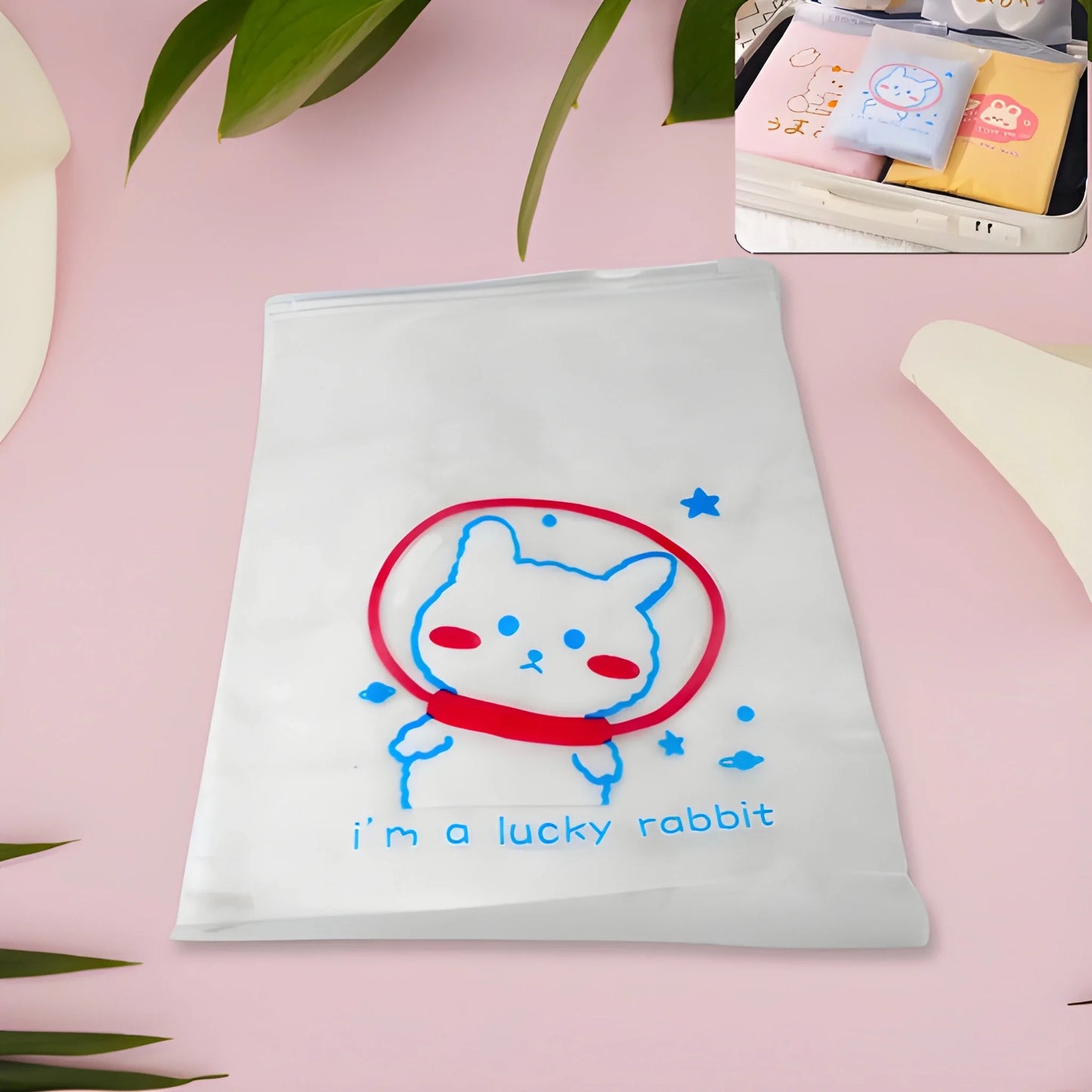 White zip-up stationery pouch with lucky rabbit graphic and text