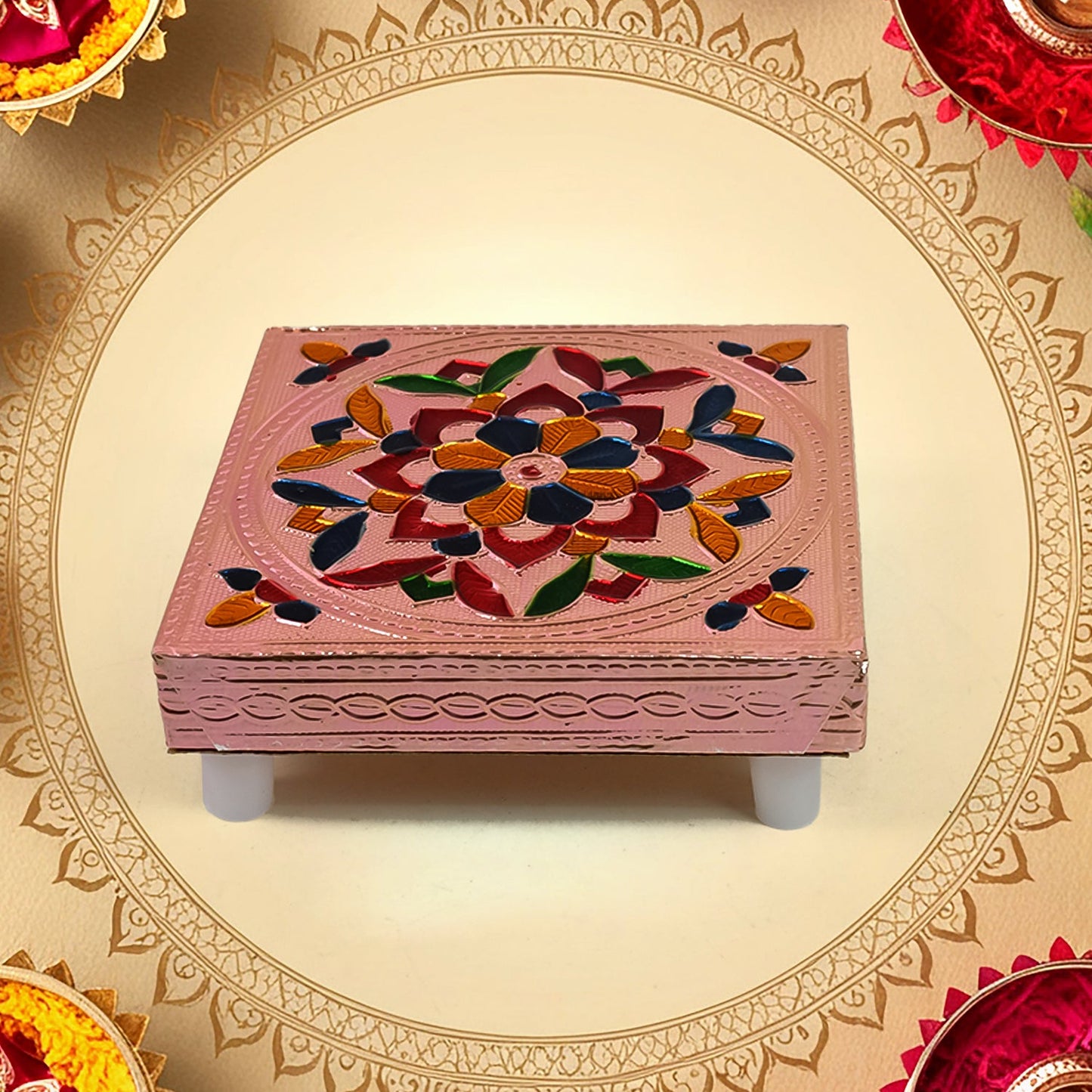 Handicraft Meenakari Wooden Chowki For Puja (1 Pc Set)