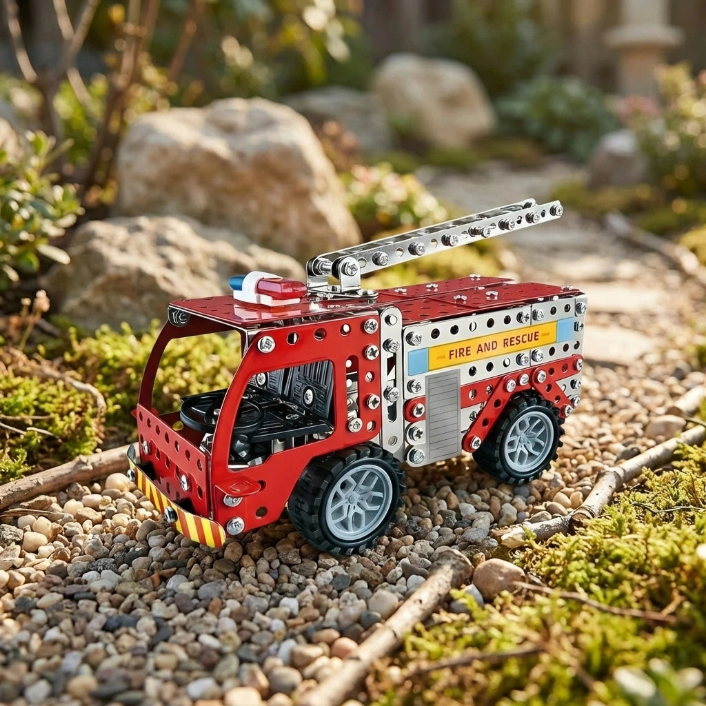 Red and silver metal fire truck building kit model with extended ladder and wheels