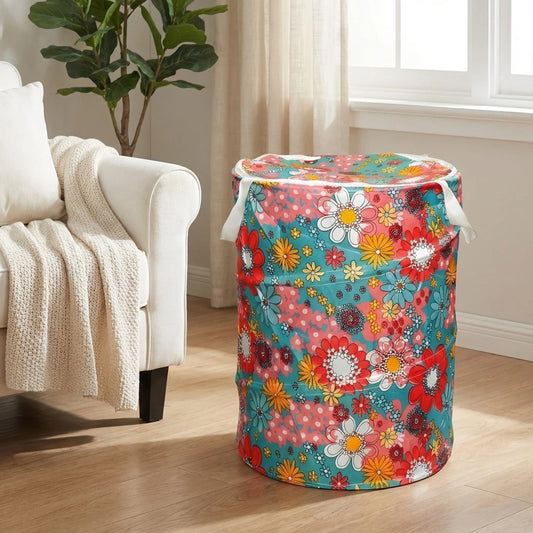 Floral waterproof collapsible laundry bag with round shape and top opening