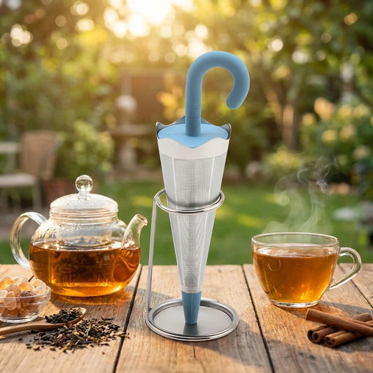 Silicone umbrella tea infuser, blue handle, mesh filter with stand