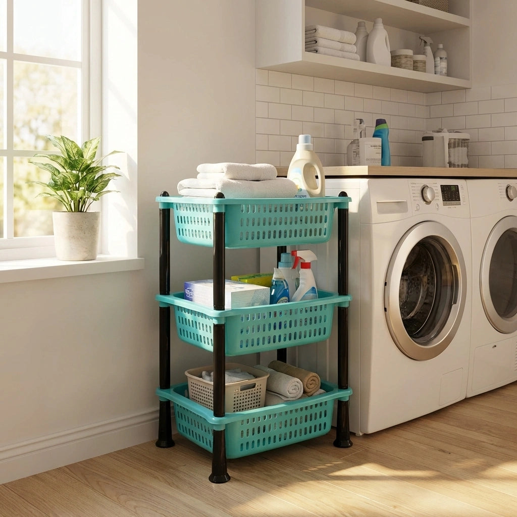 3-layer square kitchen trolley basket with teal plastic bins on black frame