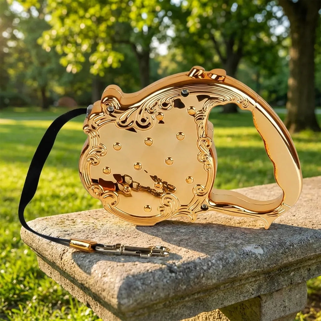 Gold retractable pet leash with ornate handle and cord, 3 m