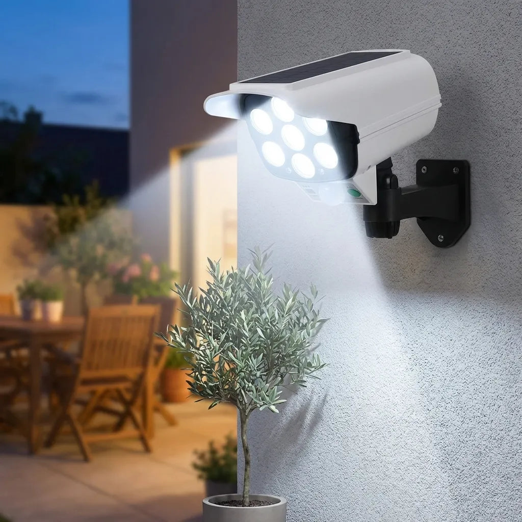 Outdoor solar security light camera with white housing and motion-activated LED spotlight