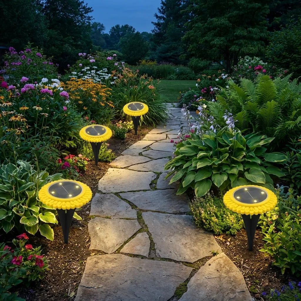 Solar ground light set of four, round yellow tops with dark stakes