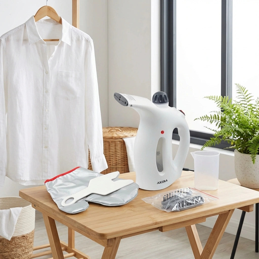 Portable 2-in-1 garment steamer, white with nozzle and steam head on table.