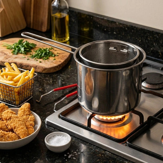 Stainless steel frying pot with basket, set on stovetop burner