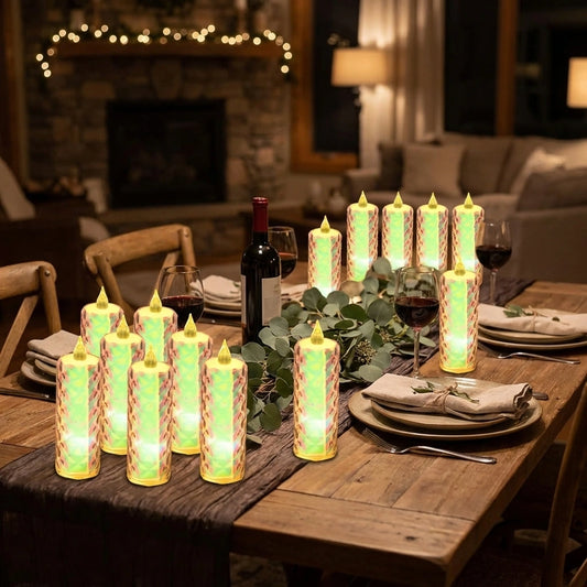 Flickering flameless tea light candles, glowing LED flames in wax-style holders