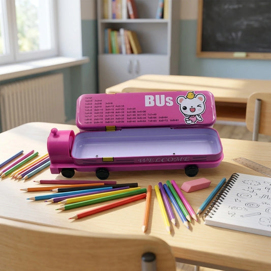 Pink metal bus-themed pencil box with compass design and hinged lid