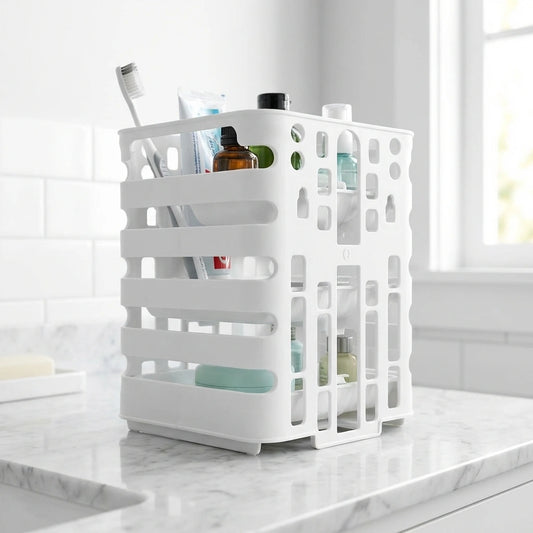 3-tier pantry organizer bin with cutout side panels, white plastic