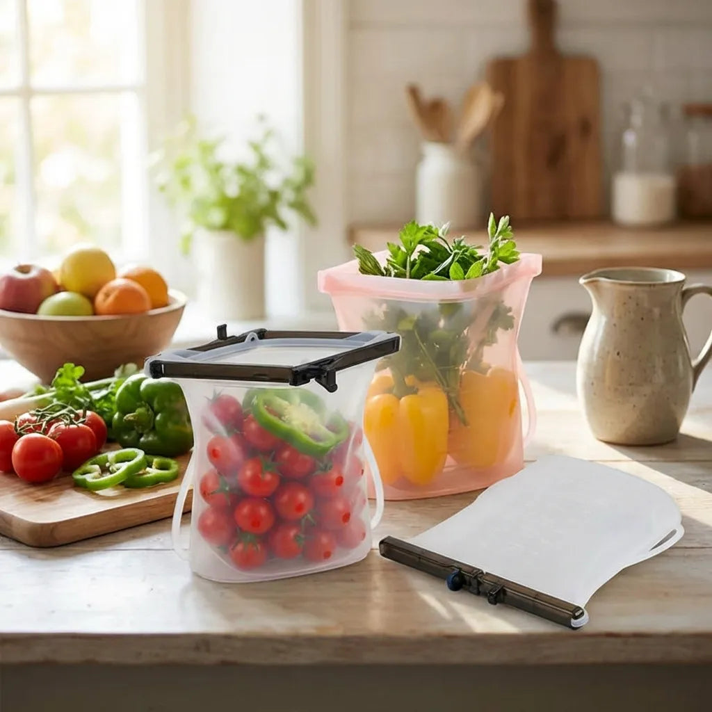 Reusable silicone food storage bags set with clips, translucent pink, filled with vegetables