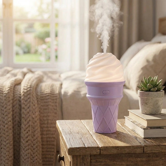 Purple cone humidifier with mist release, ice-cream style top
