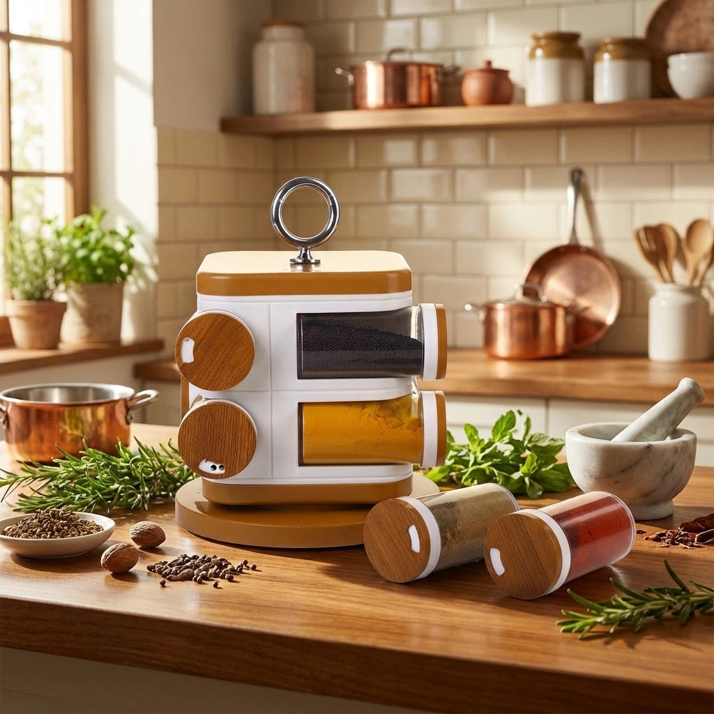 Revolving spice rack with round jars, orange lid, and clear window front, standing on counter