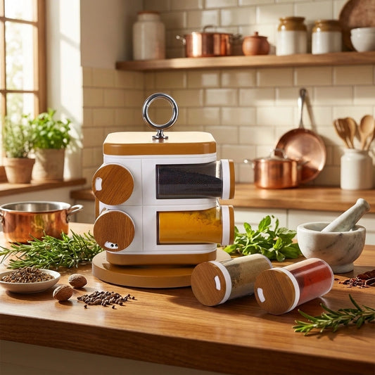 Revolving spice rack with round jars, orange lid, and clear window front, standing on counter