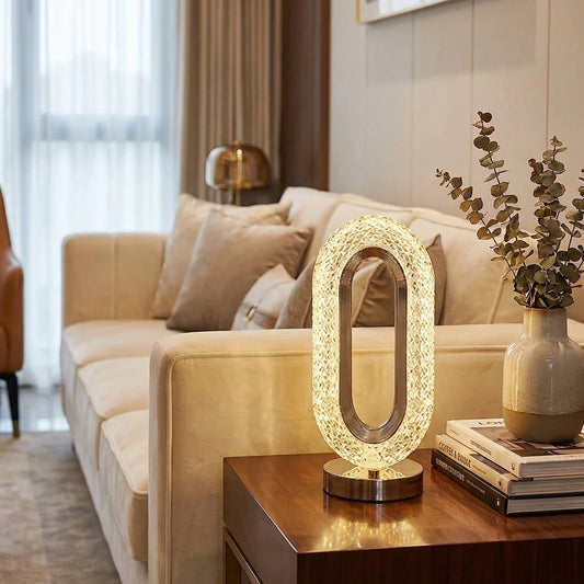 Crystal touch control table lamp with glowing oval crystal number 0 base