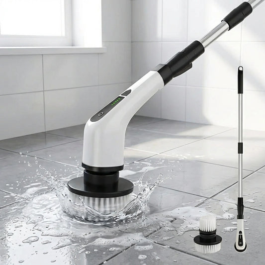 Cordless power scrubber brush with angled handle, rotating cleaning head, spare brush