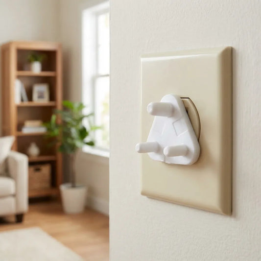 Baby outlet safety socket cover, white plastic hinged protector on wall