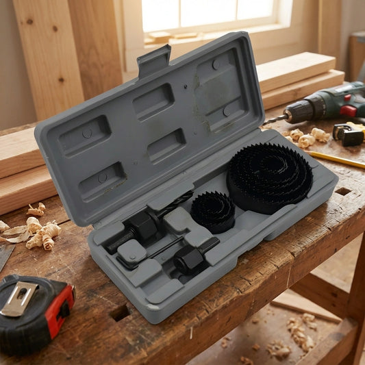 Carbon steel hole saw set in gray case with multiple circular saw bits