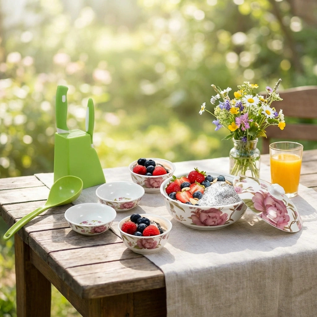 5-piece pudding set with green serving pitcher and floral bowls for dessert