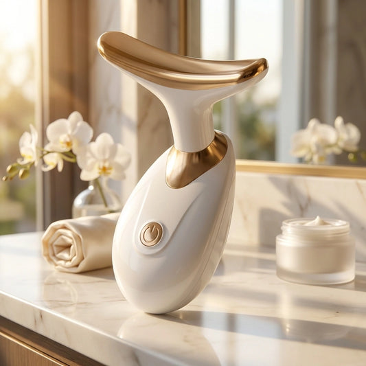 Heated neck and face massager in white with gold head and round power button