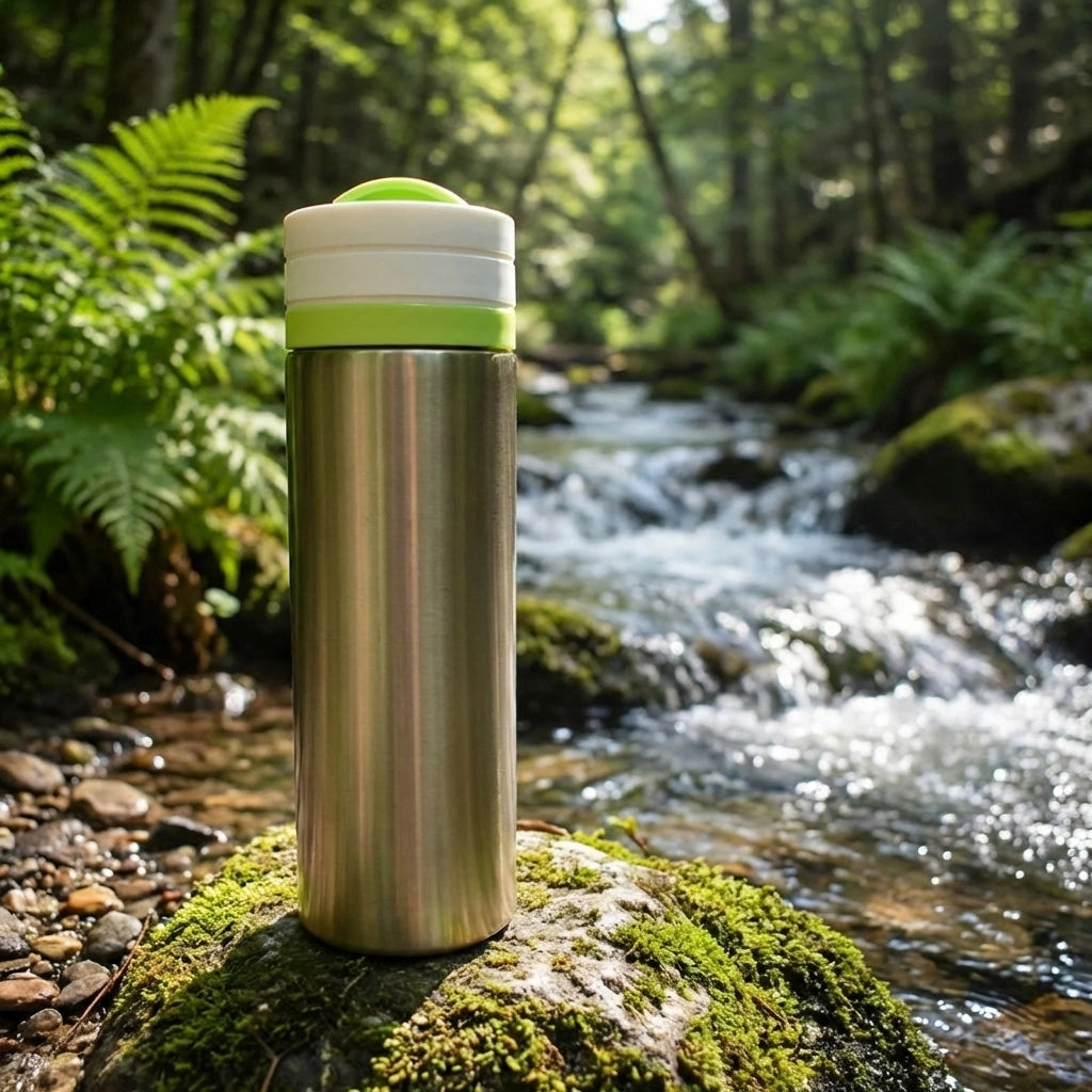 Insulated stainless steel water bottle with lime-green top