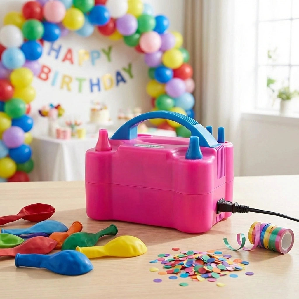 Pink dual-nozzle balloon inflator pump with handle and connected black hose
