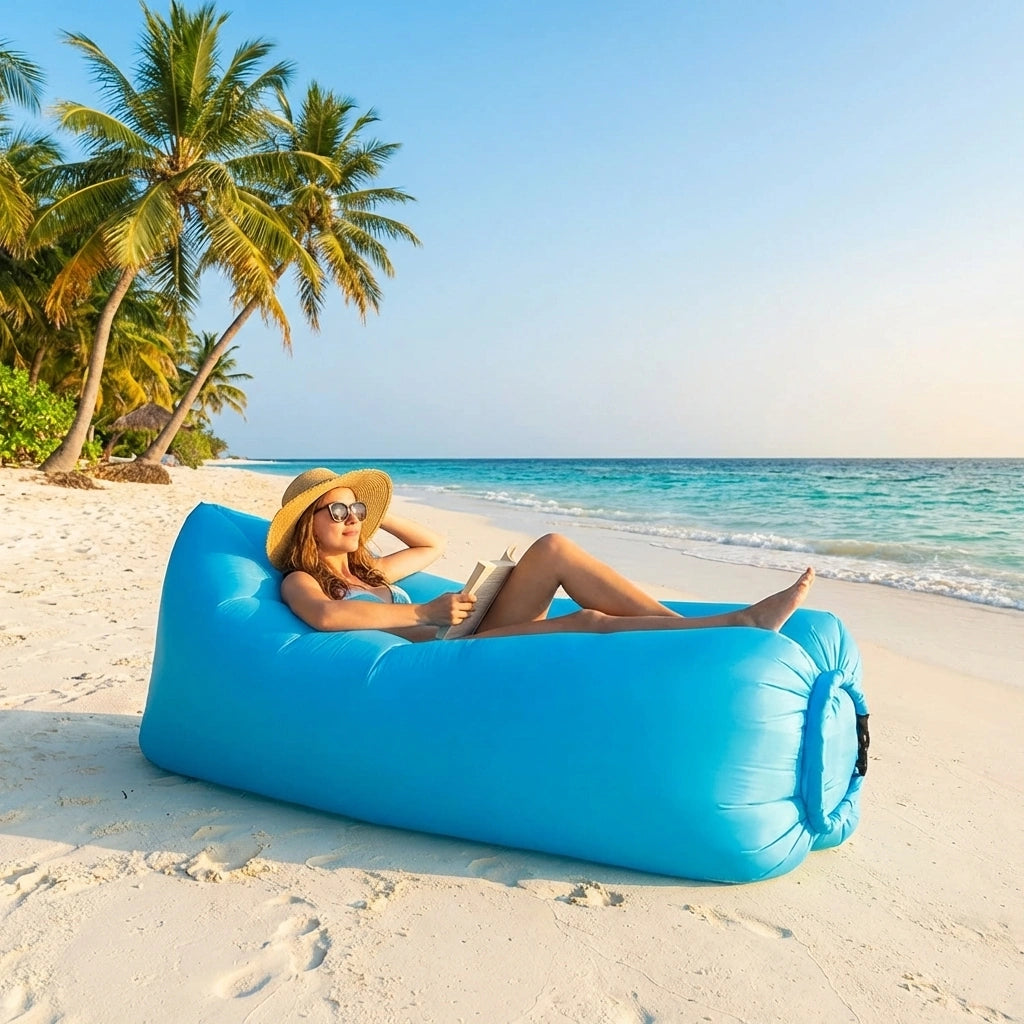 Blue inflatable air lounger with headrest and arm area, for beach lounging.