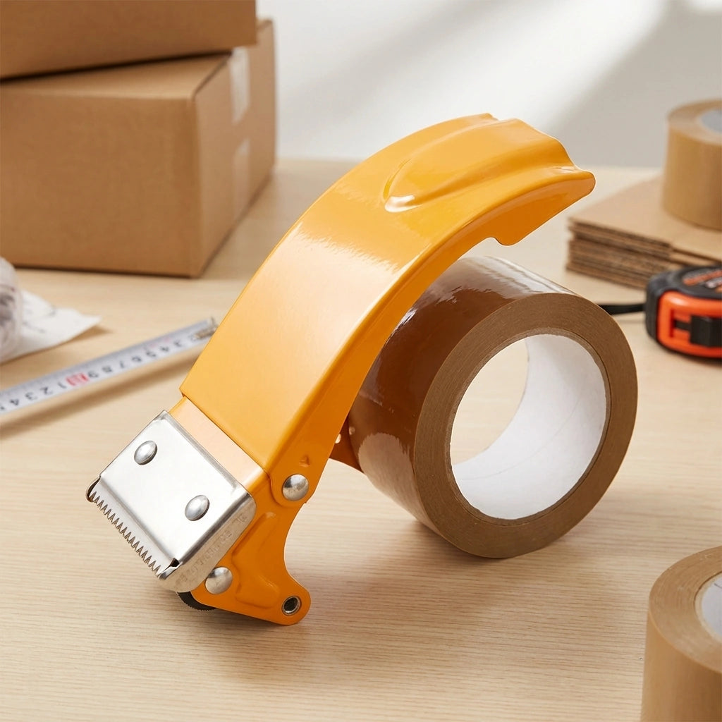 Orange tape cutter with metal serrated blade and attached tape roll for packing boxes