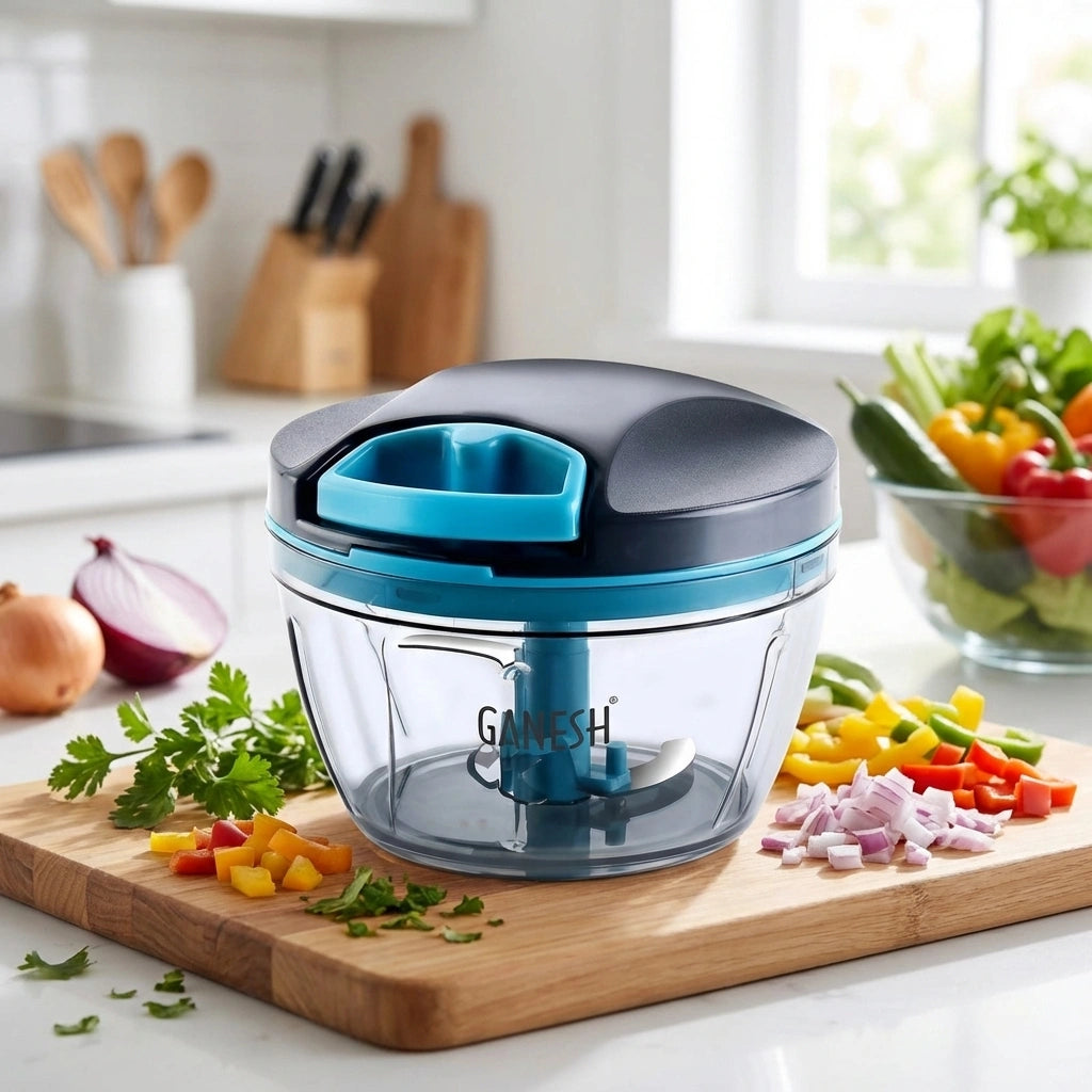 Ganesh electric food chopper with grey lid and teal handle, clear 470 ml bowl