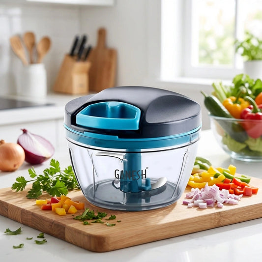 Ganesh electric food chopper with grey lid and teal handle, clear 470 ml bowl