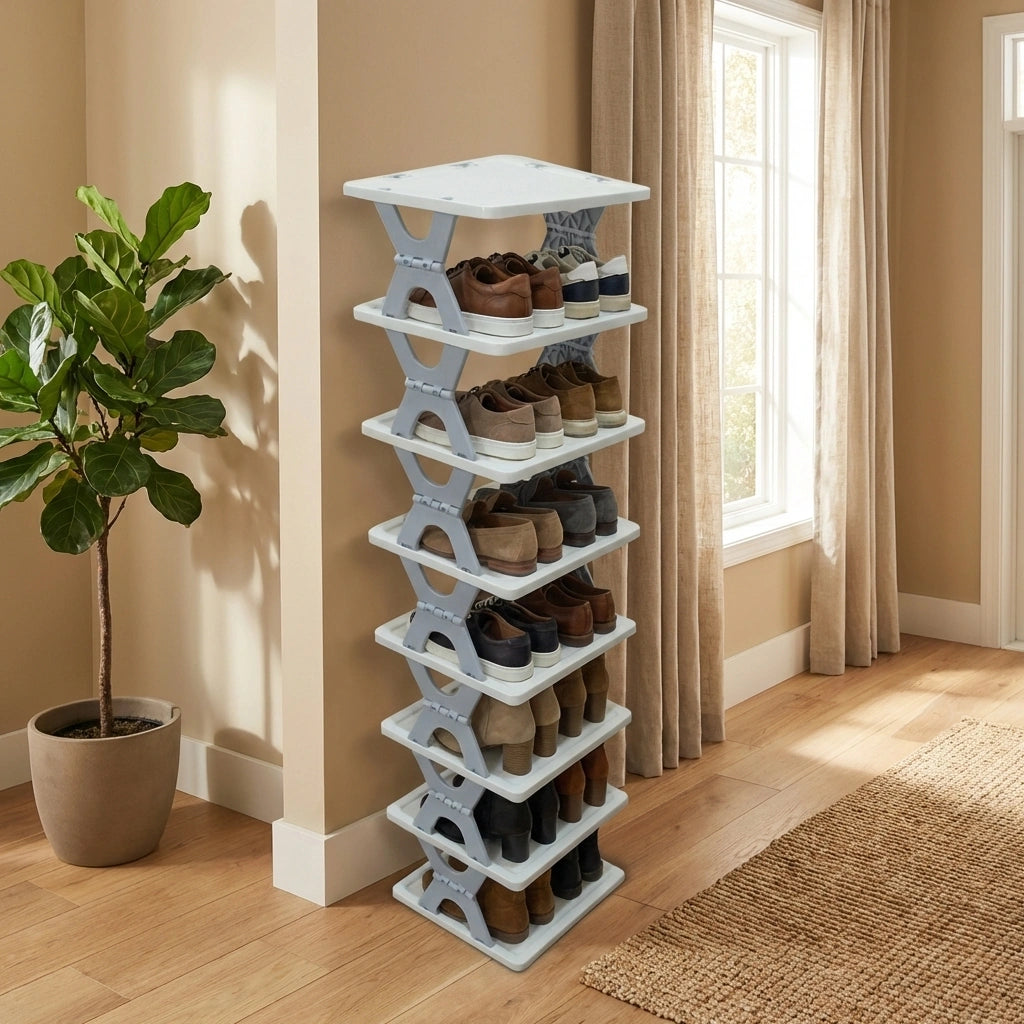 Foldable white shoe rack organizer with 6 tiers and angled open shelves