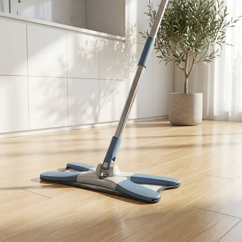 Adjustable flat mop with 360° swivel head, gray-blue handle and pads